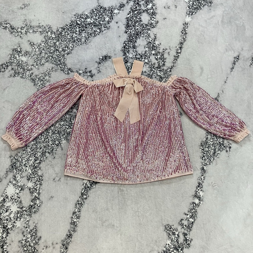 Needle & Thread Pink Beaded Off Shoulder Top Silk Crop Blouse Womens US 2‎